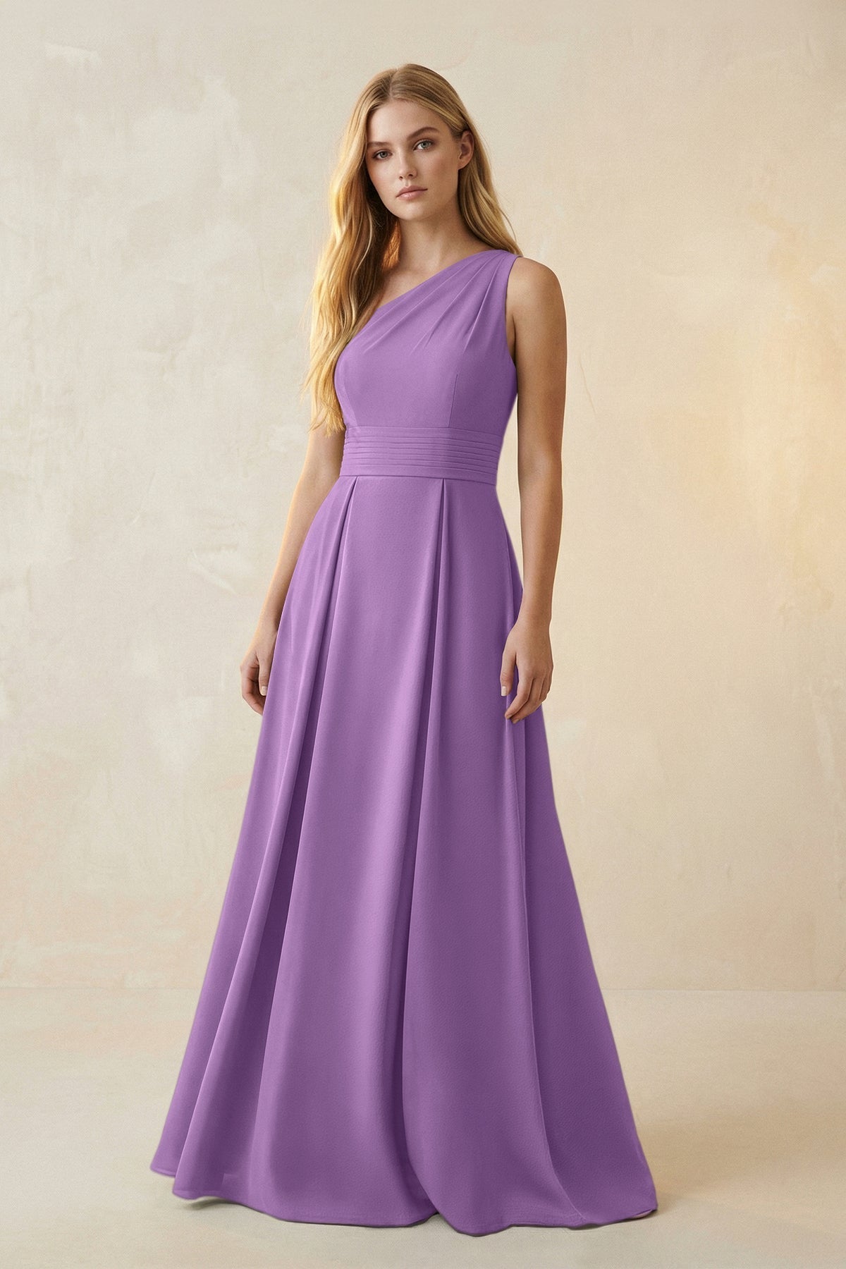 KissProm One-Shoulder Ruched A-Line Satin Bridesmaid Dress in Wisteria, Wisteria / 4