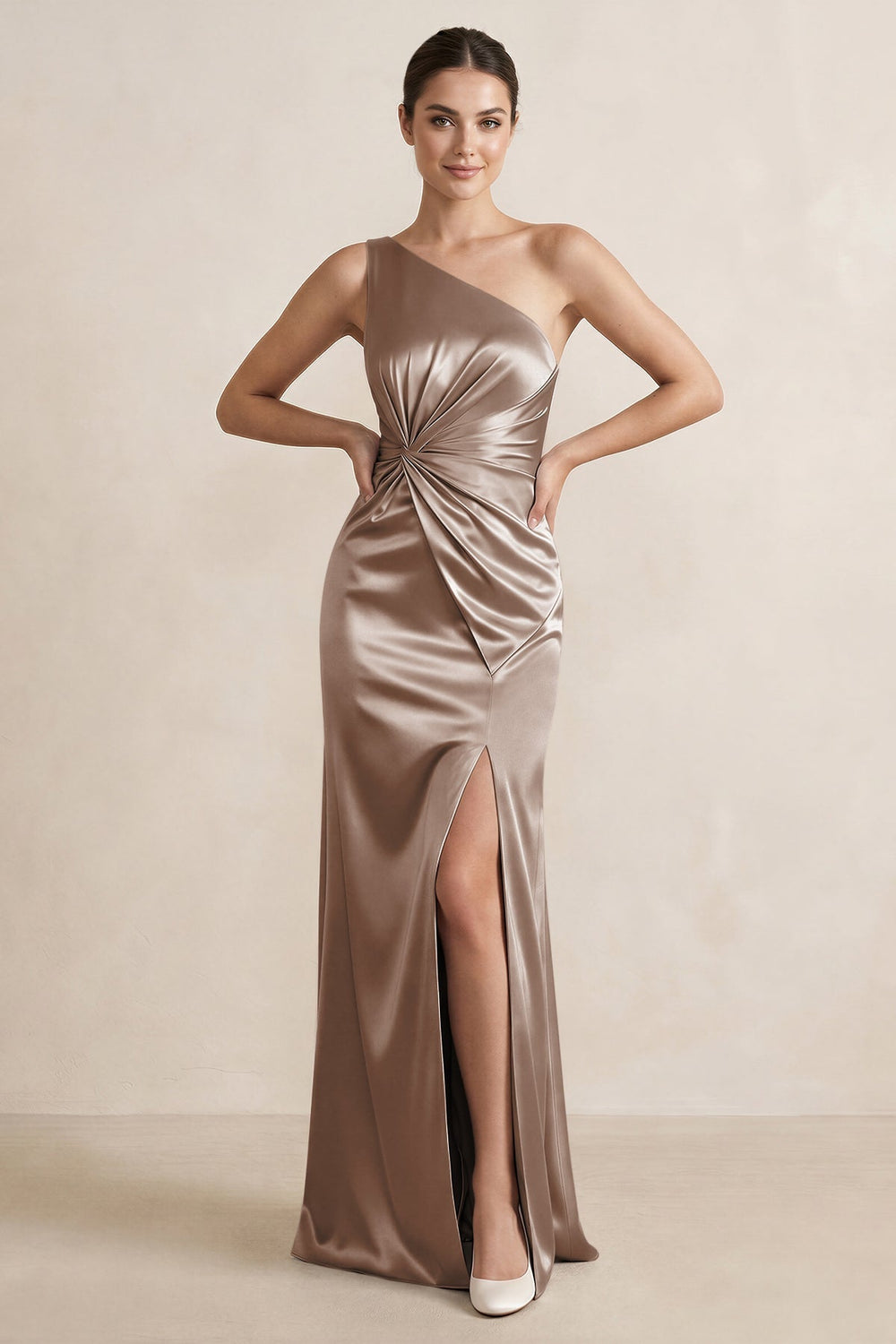 One - Shoulder Ruched Sheath Satin Bridesmaid Dress in Almond - KissProm Bridesmaid Dresses