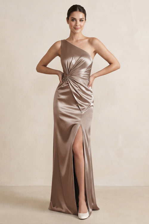 One - Shoulder Ruched Sheath Satin Bridesmaid Dress in Almond - KissProm Bridesmaid Dresses