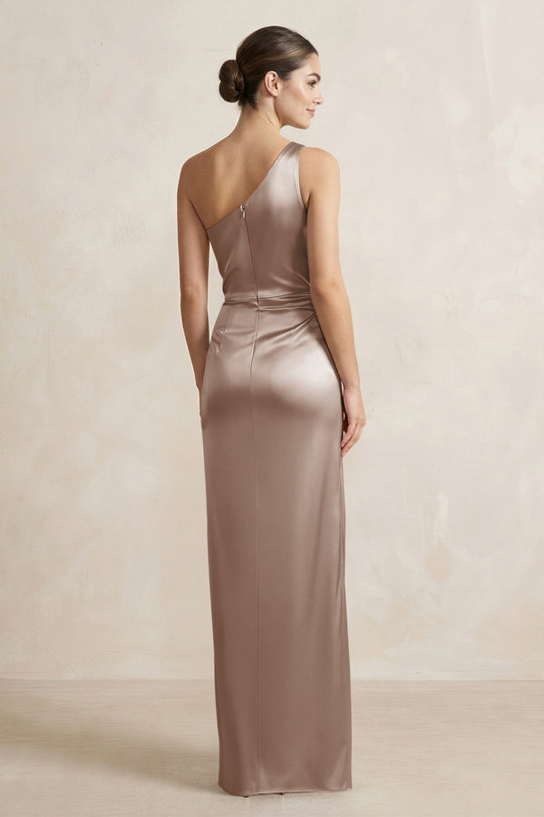 One - Shoulder Ruched Sheath Satin Bridesmaid Dress in Almond - KissProm Bridesmaid Dresses