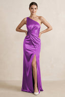 One - Shoulder Ruched Sheath Satin Bridesmaid Dress in Amethyst - KissProm Bridesmaid Dresses