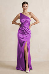 One - Shoulder Ruched Sheath Satin Bridesmaid Dress in Amethyst - KissProm Bridesmaid Dresses