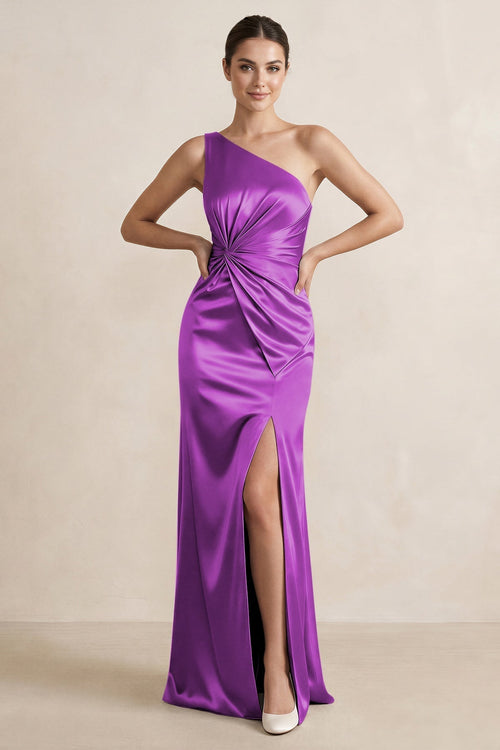 One - Shoulder Ruched Sheath Satin Bridesmaid Dress in Amethyst - KissProm Bridesmaid Dresses