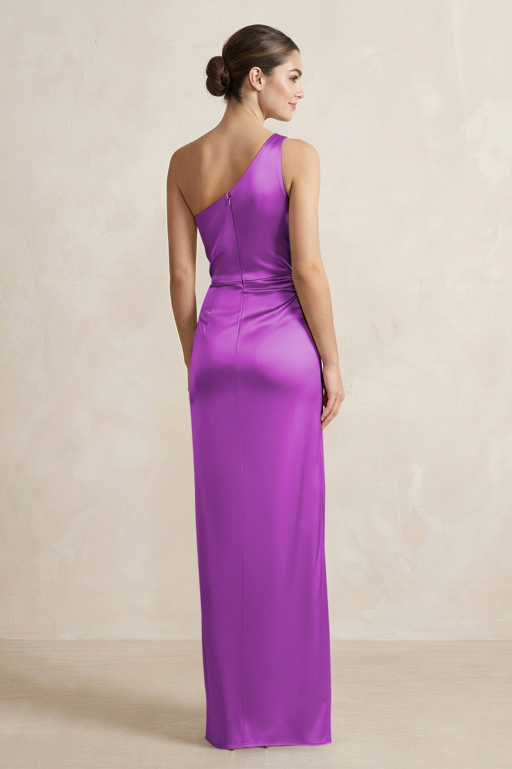 One - Shoulder Ruched Sheath Satin Bridesmaid Dress in Amethyst - KissProm Bridesmaid Dresses
