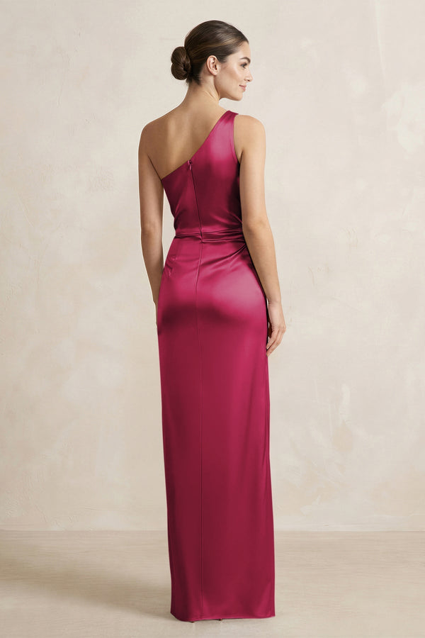 One - Shoulder Ruched Sheath Satin Bridesmaid Dress in Berry - KissProm Bridesmaid Dresses