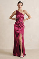 One - Shoulder Ruched Sheath Satin Bridesmaid Dress in Berry - KissProm Bridesmaid Dresses