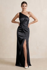 One - Shoulder Ruched Sheath Satin Bridesmaid Dress in Black - KissProm Bridesmaid Dresses
