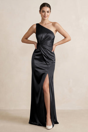 One - Shoulder Ruched Sheath Satin Bridesmaid Dress in Black - KissProm Bridesmaid Dresses