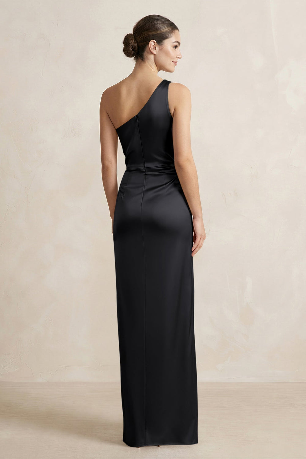 One - Shoulder Ruched Sheath Satin Bridesmaid Dress in Black - KissProm Bridesmaid Dresses