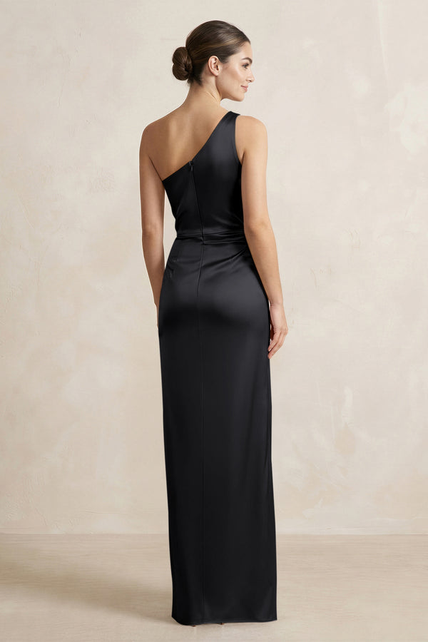One - Shoulder Ruched Sheath Satin Bridesmaid Dress in Black - KissProm Bridesmaid Dresses
