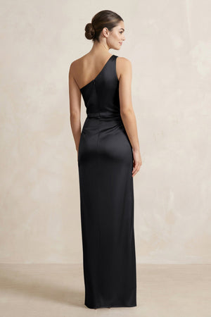 One - Shoulder Ruched Sheath Satin Bridesmaid Dress in Black - KissProm Bridesmaid Dresses