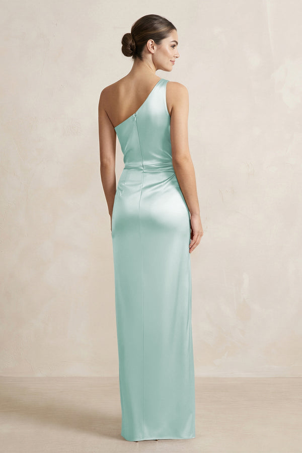 One - Shoulder Ruched Sheath Satin Bridesmaid Dress in Bleached Aqua - KissProm Bridesmaid Dresses