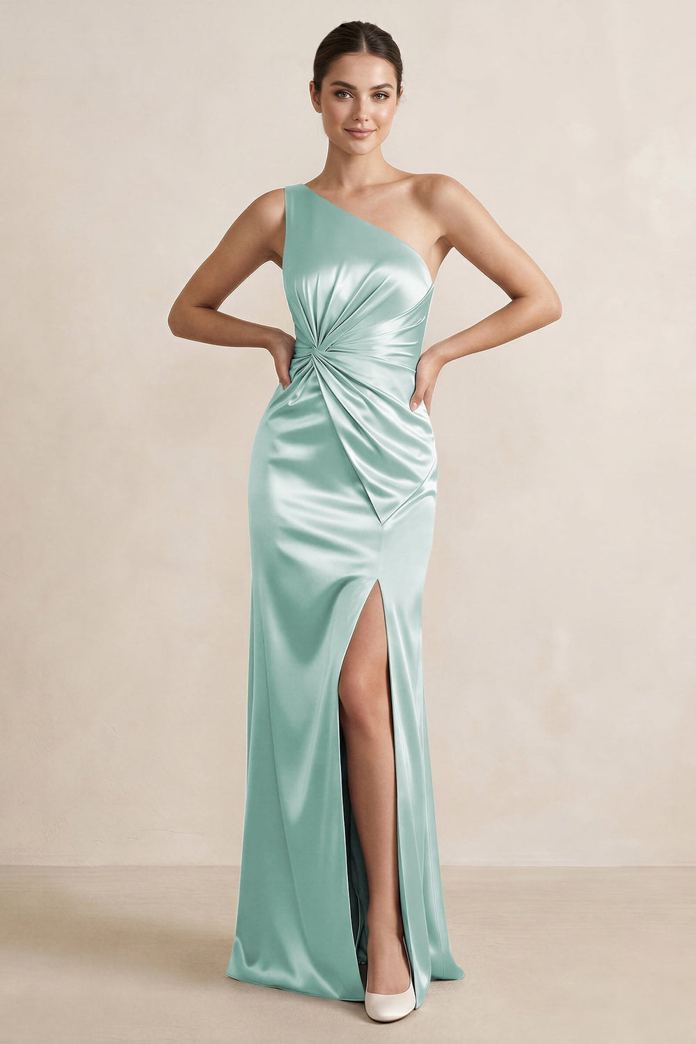 One - Shoulder Ruched Sheath Satin Bridesmaid Dress in Bleached Aqua - KissProm Bridesmaid Dresses