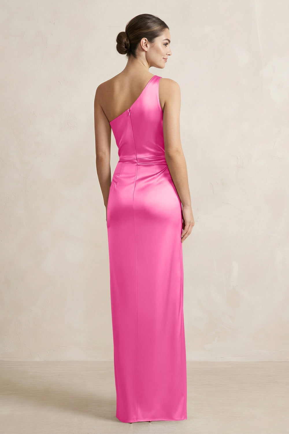 One - Shoulder Ruched Sheath Satin Bridesmaid Dress in Bon Bon Pink - KissProm Bridesmaid Dresses