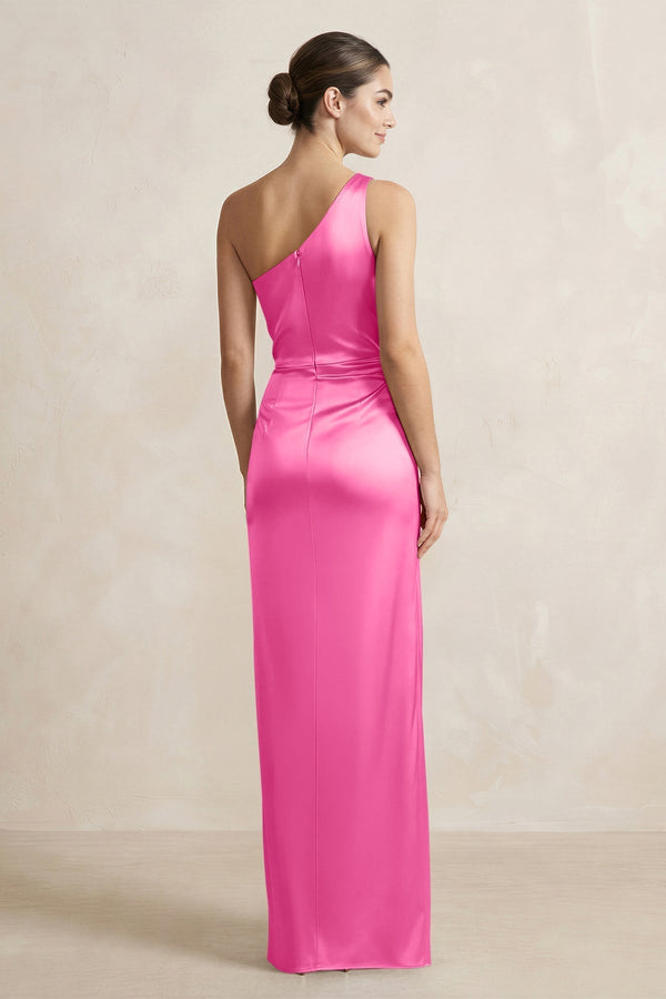 One - Shoulder Ruched Sheath Satin Bridesmaid Dress in Bon Bon Pink - KissProm Bridesmaid Dresses