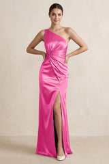One - Shoulder Ruched Sheath Satin Bridesmaid Dress in Bon Bon Pink - KissProm Bridesmaid Dresses