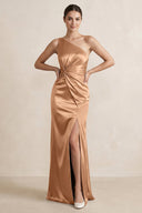 One - Shoulder Ruched Sheath Satin Bridesmaid Dress in Bronzer - KissProm Bridesmaid Dresses