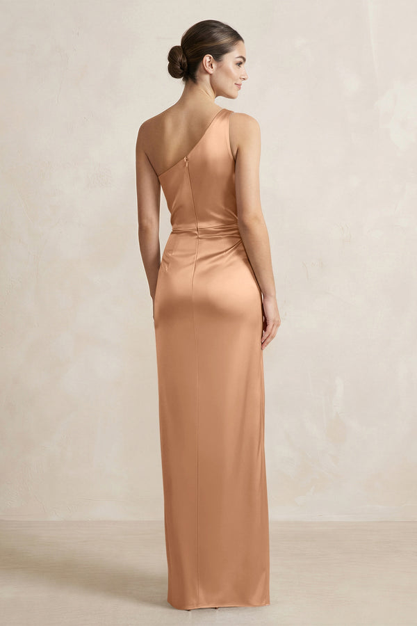 One - Shoulder Ruched Sheath Satin Bridesmaid Dress in Bronzer - KissProm Bridesmaid Dresses