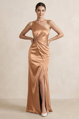 One - Shoulder Ruched Sheath Satin Bridesmaid Dress in Bronzer - KissProm Bridesmaid Dresses