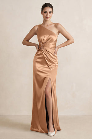 One - Shoulder Ruched Sheath Satin Bridesmaid Dress in Bronzer - KissProm Bridesmaid Dresses