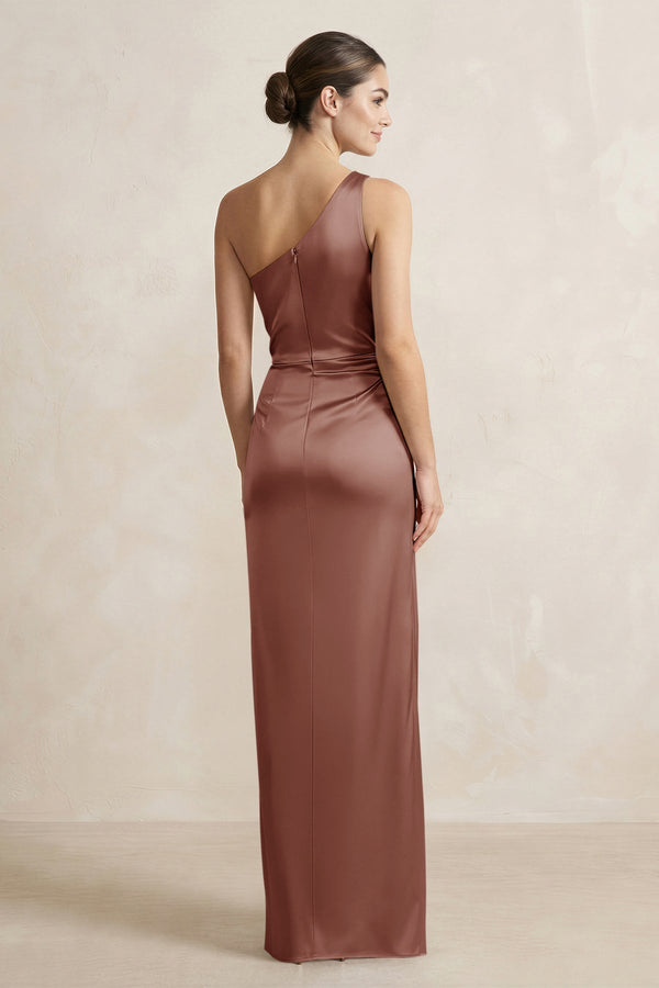 One - Shoulder Ruched Sheath Satin Bridesmaid Dress in Brown - KissProm Bridesmaid Dresses