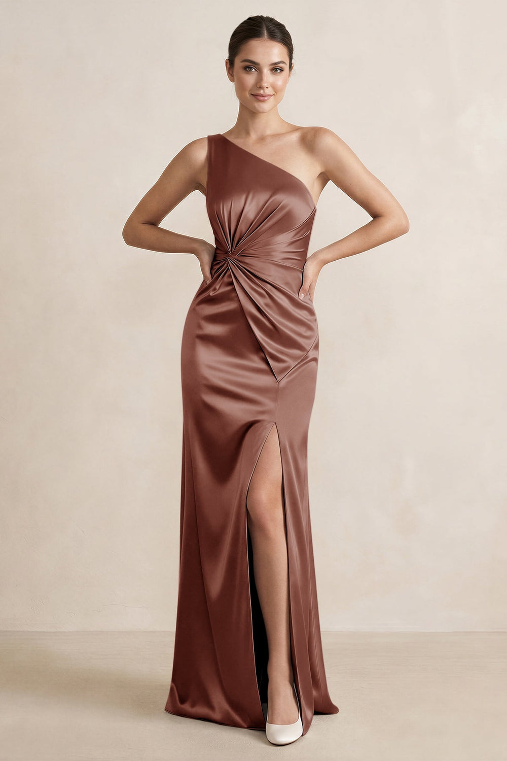 One - Shoulder Ruched Sheath Satin Bridesmaid Dress in Brown - KissProm Bridesmaid Dresses