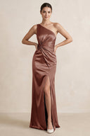 One - Shoulder Ruched Sheath Satin Bridesmaid Dress in Brown - KissProm Bridesmaid Dresses