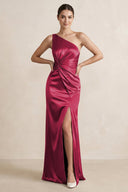 One - Shoulder Ruched Sheath Satin Bridesmaid Dress in Burgundy - KissProm Bridesmaid Dresses