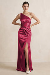 One - Shoulder Ruched Sheath Satin Bridesmaid Dress in Burgundy - KissProm Bridesmaid Dresses