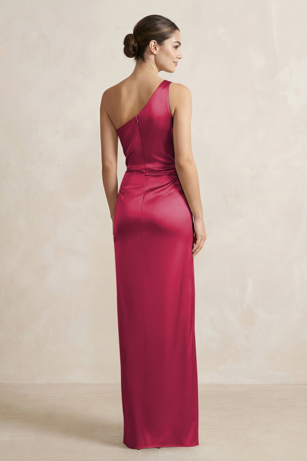 One - Shoulder Ruched Sheath Satin Bridesmaid Dress in Burgundy - KissProm Bridesmaid Dresses