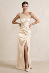 One - Shoulder Ruched Sheath Satin Bridesmaid Dress in Buttercream - KissProm Bridesmaid Dresses