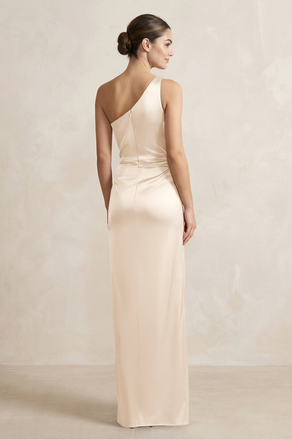 One - Shoulder Ruched Sheath Satin Bridesmaid Dress in Buttercream - KissProm Bridesmaid Dresses