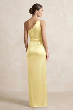 One - Shoulder Ruched Sheath Satin Bridesmaid Dress in Buttercup - KissProm Bridesmaid Dresses
