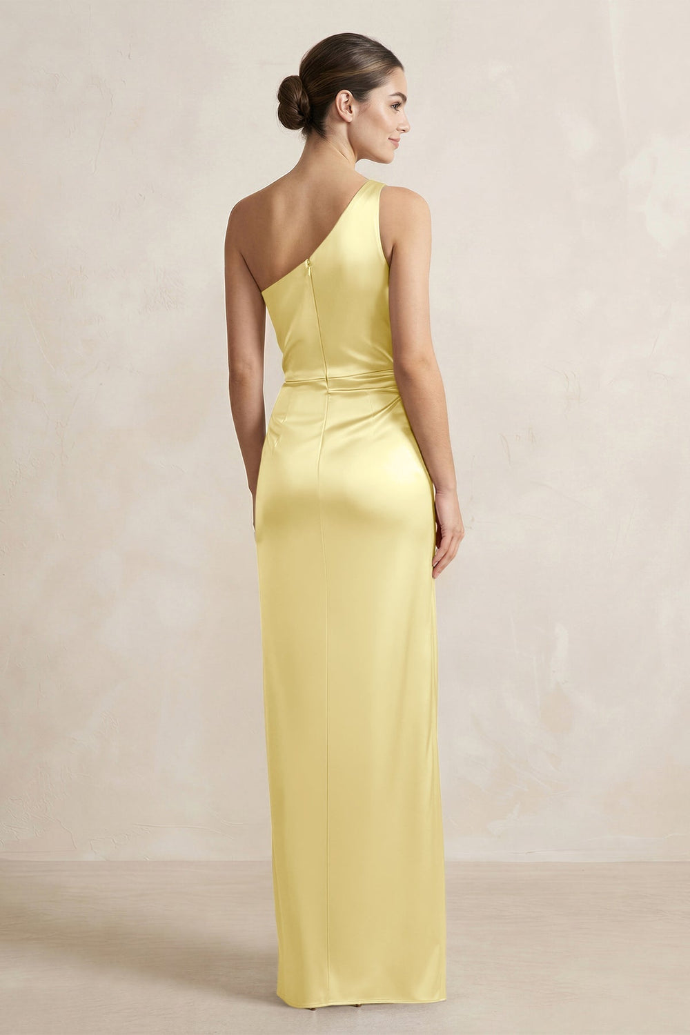 One - Shoulder Ruched Sheath Satin Bridesmaid Dress in Buttercup - KissProm Bridesmaid Dresses