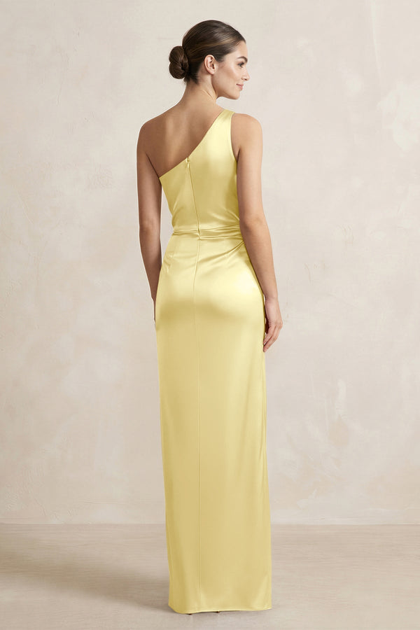 One - Shoulder Ruched Sheath Satin Bridesmaid Dress in Buttercup - KissProm Bridesmaid Dresses