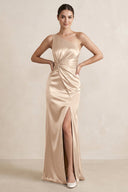 One - Shoulder Ruched Sheath Satin Bridesmaid Dress in Champagne - KissProm Bridesmaid Dresses