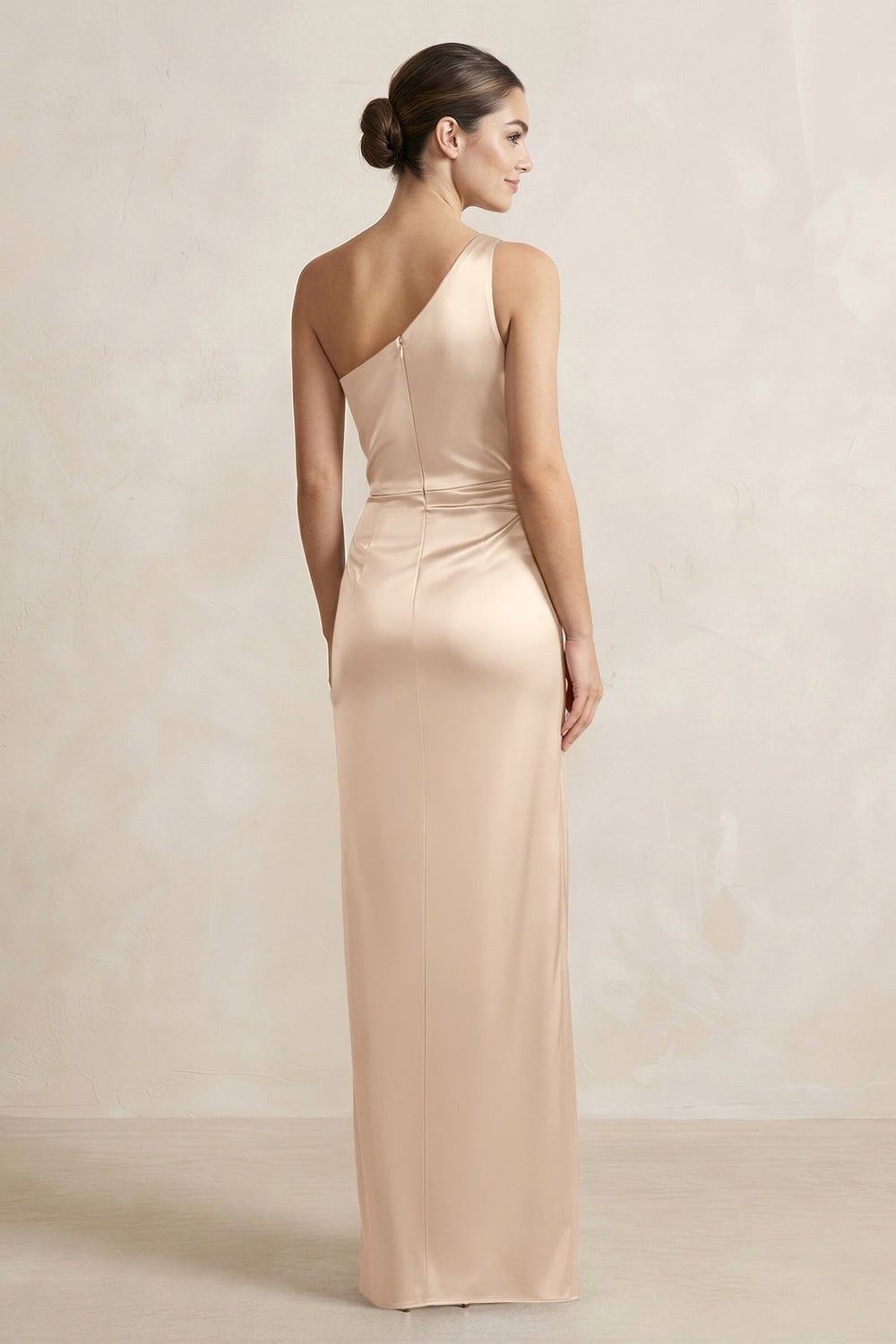 One - Shoulder Ruched Sheath Satin Bridesmaid Dress in Champagne - KissProm Bridesmaid Dresses
