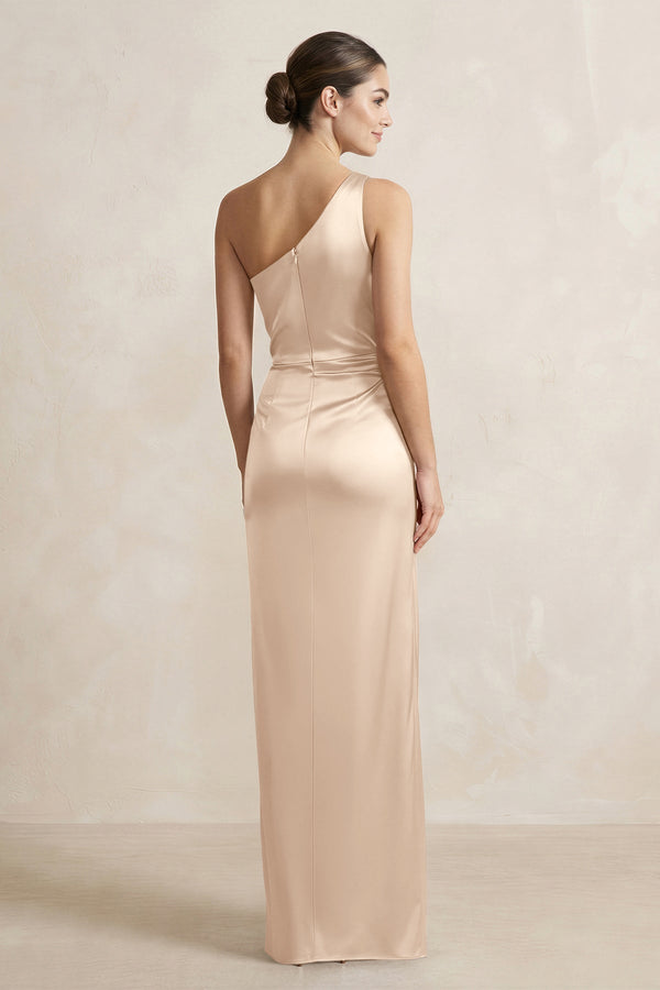 One - Shoulder Ruched Sheath Satin Bridesmaid Dress in Champagne - KissProm Bridesmaid Dresses