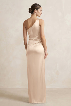 One - Shoulder Ruched Sheath Satin Bridesmaid Dress in Champagne - KissProm Bridesmaid Dresses