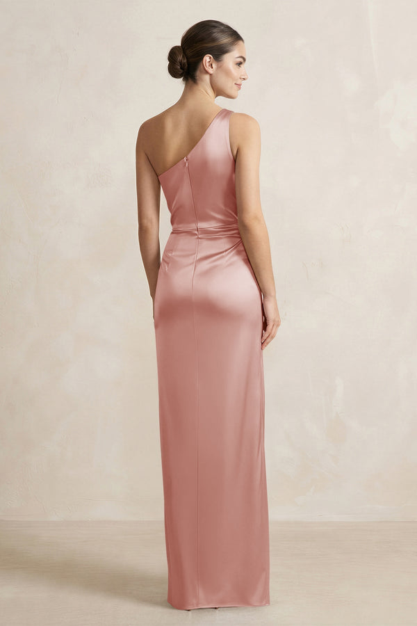 One - Shoulder Ruched Sheath Satin Bridesmaid Dress in Champagne Rose - KissProm Bridesmaid Dresses