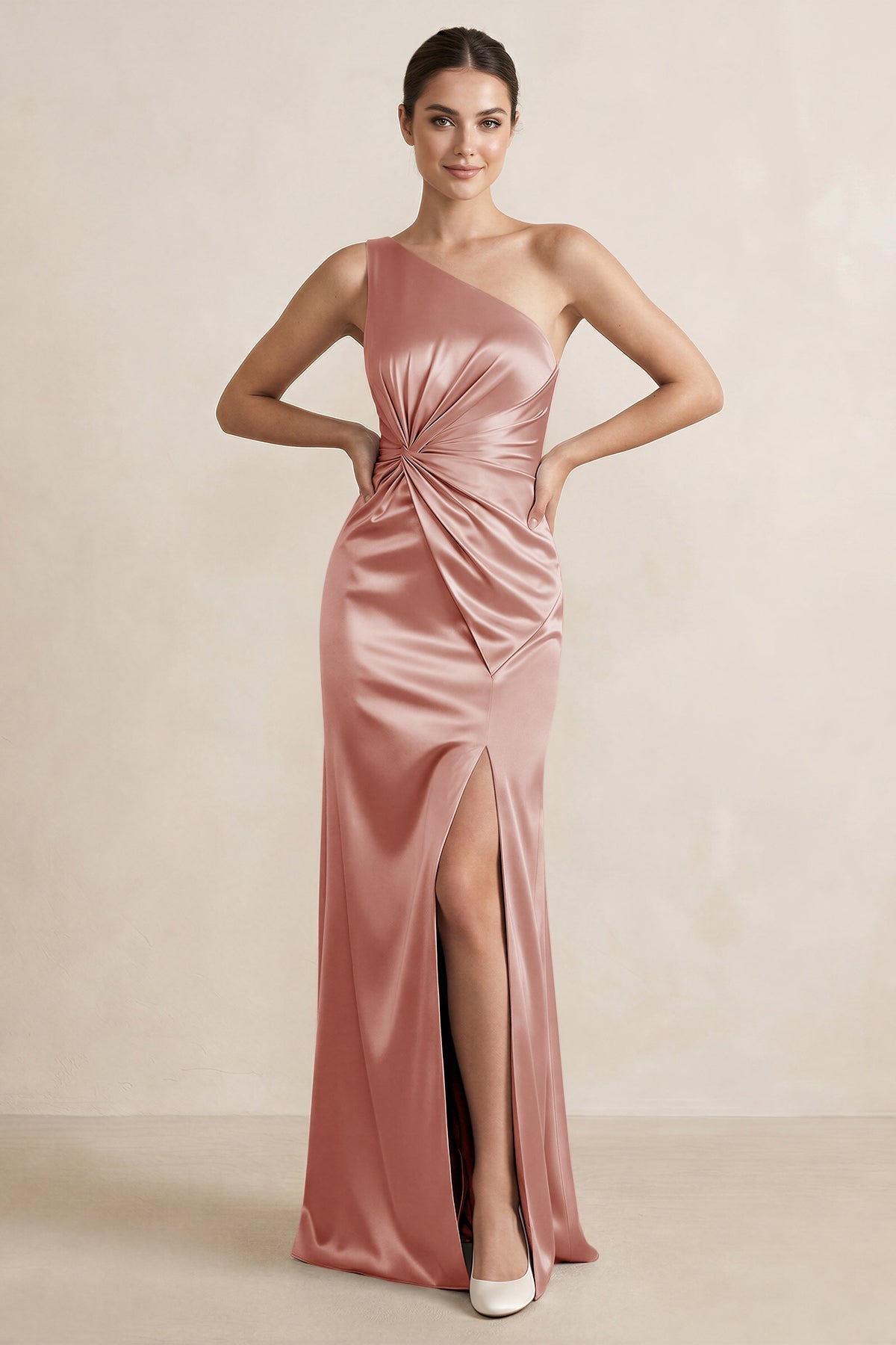 KissProm One-Shoulder Ruched Sheath Satin Bridesmaid Dress in Champagne Rose, Champagne Rose / 10