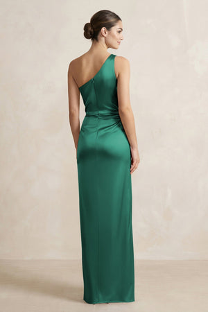 One - Shoulder Ruched Sheath Satin Bridesmaid Dress in Dark Green - KissProm Bridesmaid Dresses