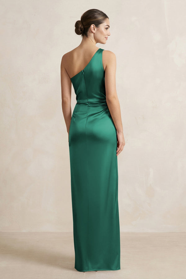 One - Shoulder Ruched Sheath Satin Bridesmaid Dress in Dark Green - KissProm Bridesmaid Dresses