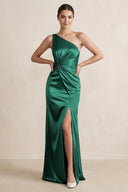 One - Shoulder Ruched Sheath Satin Bridesmaid Dress in Dark Green - KissProm Bridesmaid Dresses