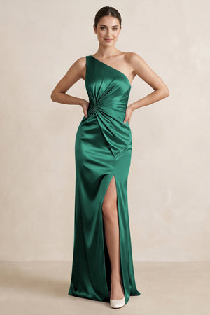 One - Shoulder Ruched Sheath Satin Bridesmaid Dress in Dark Green - KissProm Bridesmaid Dresses
