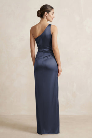 One - Shoulder Ruched Sheath Satin Bridesmaid Dress in Dark Navy - KissProm Bridesmaid Dresses