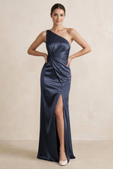 One - Shoulder Ruched Sheath Satin Bridesmaid Dress in Dark Navy - KissProm Bridesmaid Dresses