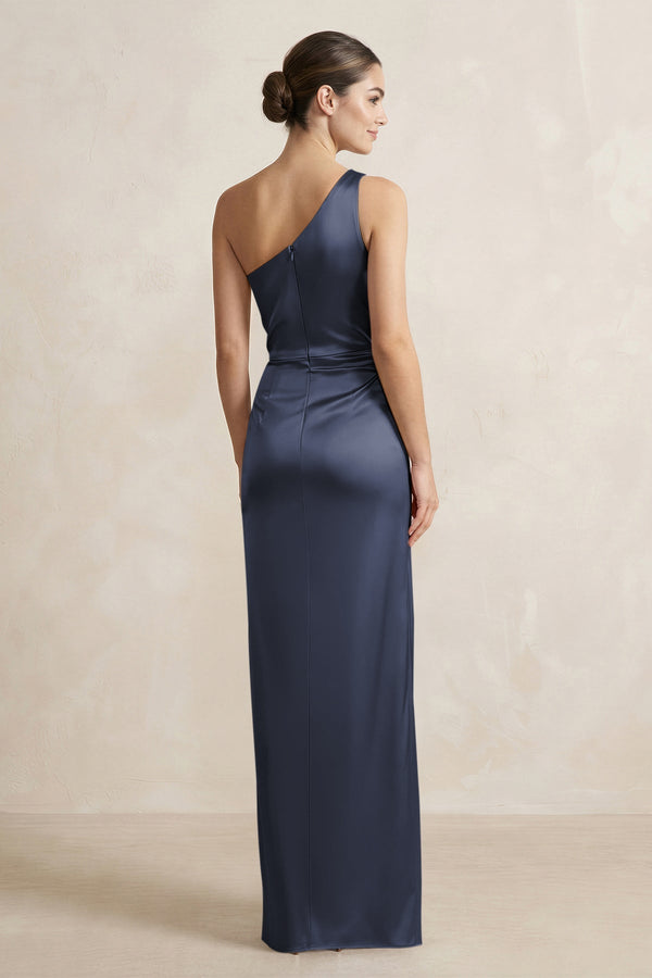 One - Shoulder Ruched Sheath Satin Bridesmaid Dress in Dark Navy - KissProm Bridesmaid Dresses