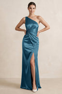 One - Shoulder Ruched Sheath Satin Bridesmaid Dress in Dark Teal - KissProm Bridesmaid Dresses
