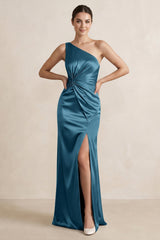 One - Shoulder Ruched Sheath Satin Bridesmaid Dress in Dark Teal - KissProm Bridesmaid Dresses